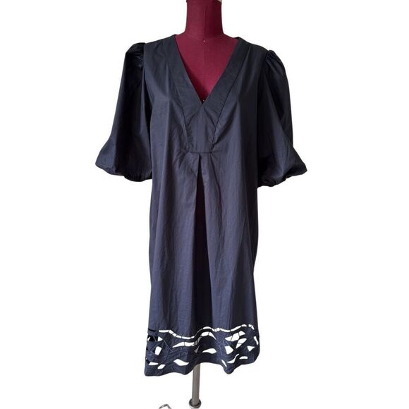 NEW FOR CYNTHIA Knee Length Dress size XL Navy Blue Puff Sleeve V-neck Embroider - Picture 2 of 11